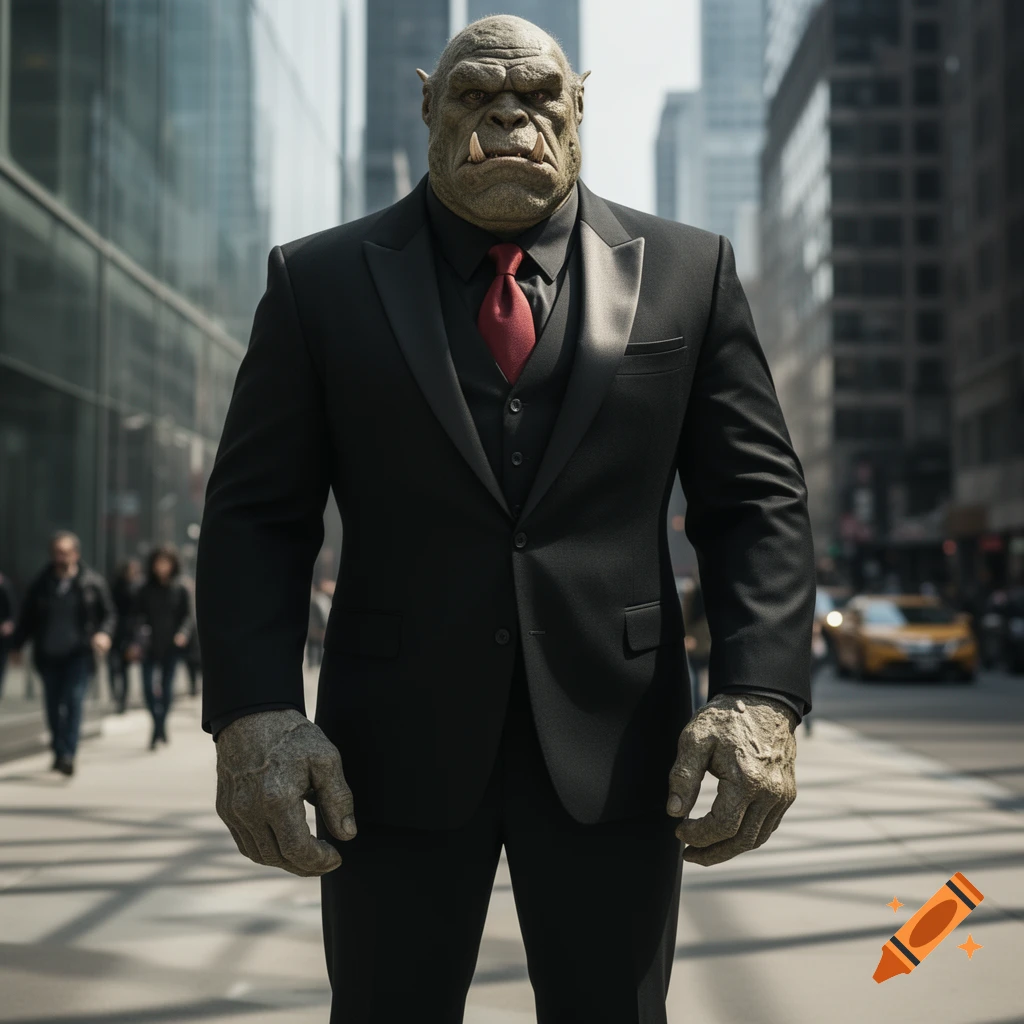 A large, green-skinned orc in a sharp black suit and red tie stands confidently on a city street, with blurred skyscrapers in the background.