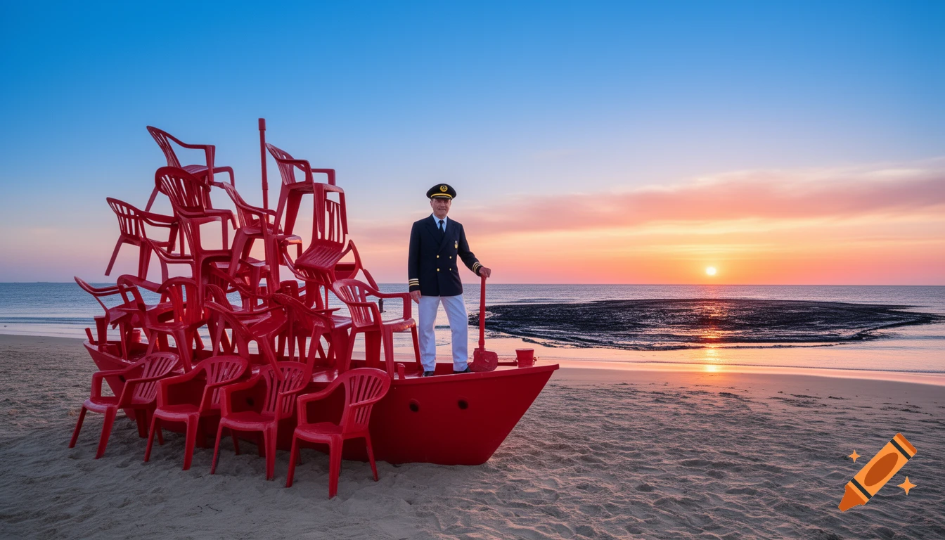 A captain on a red boat made of stacked plastic chairs on a beach at sunset with a dark patch on the ocean.
