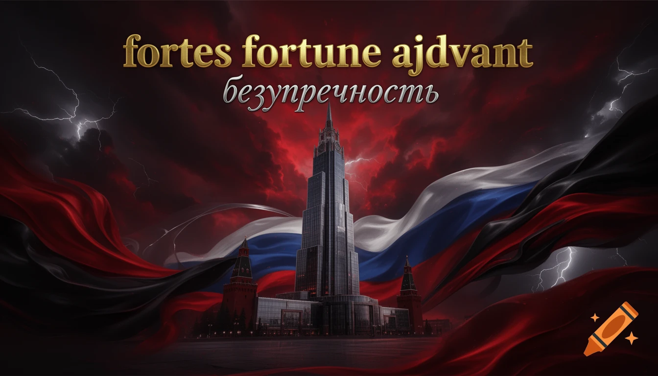 A dramatic wallpaper featuring a tall, dark skyscraper and smaller Kremlin-like towers, enveloped by flowing red, white, blue, and black fabrics resembling a Russian flag. Lightning flashes in a stormy, red and black sky. Gold text reads "fortes fortune adjuvant" and silver text reads "безупречность".