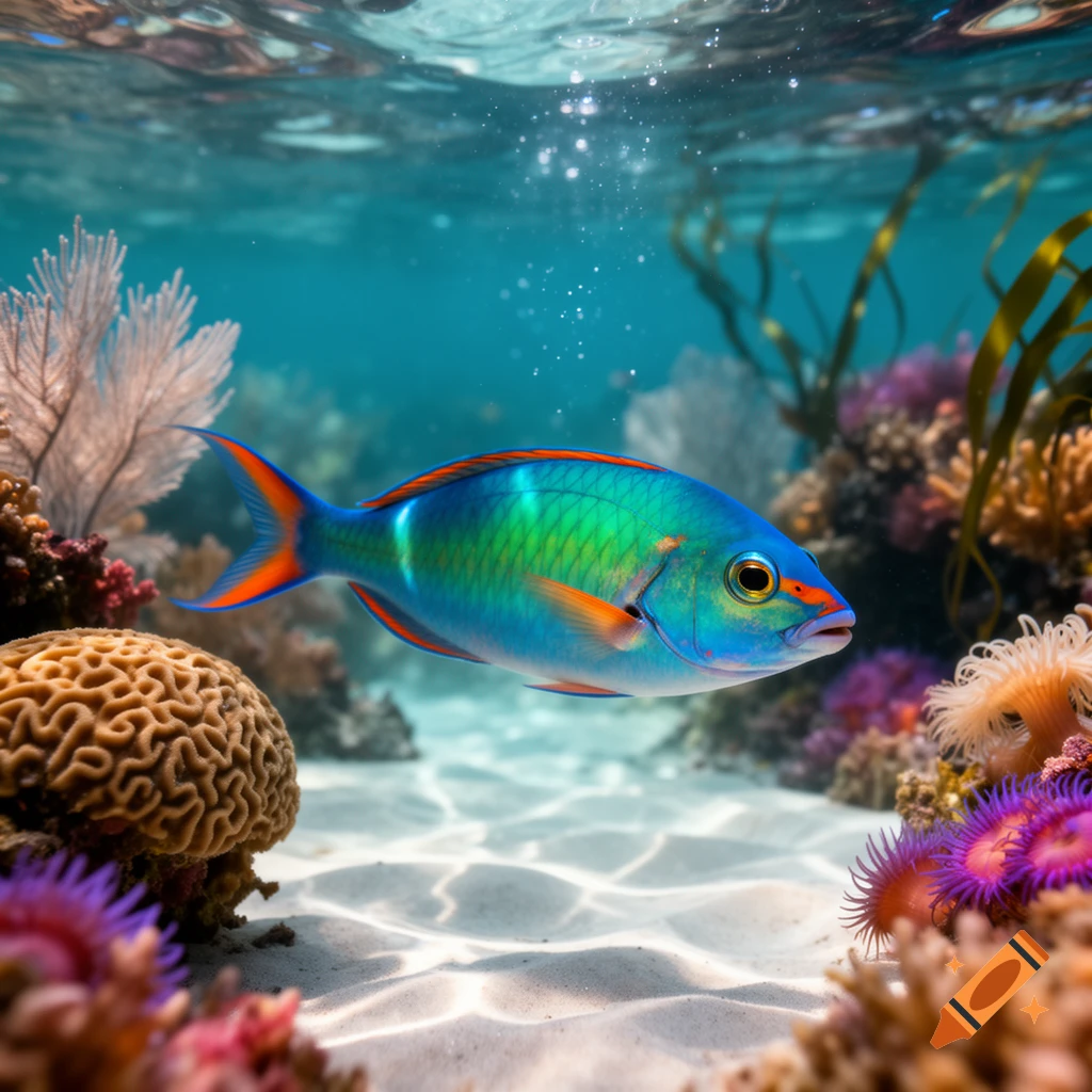 A vibrant, colorful fish with blue, green, and orange markings swims over a sandy seafloor amidst coral and sea anemones in a clear blue ocean.