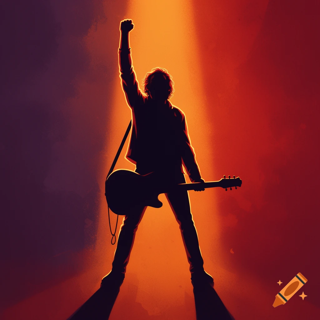 Silhouette of a musician on stage, holding a guitar and raising a fist under a warm spotlight.