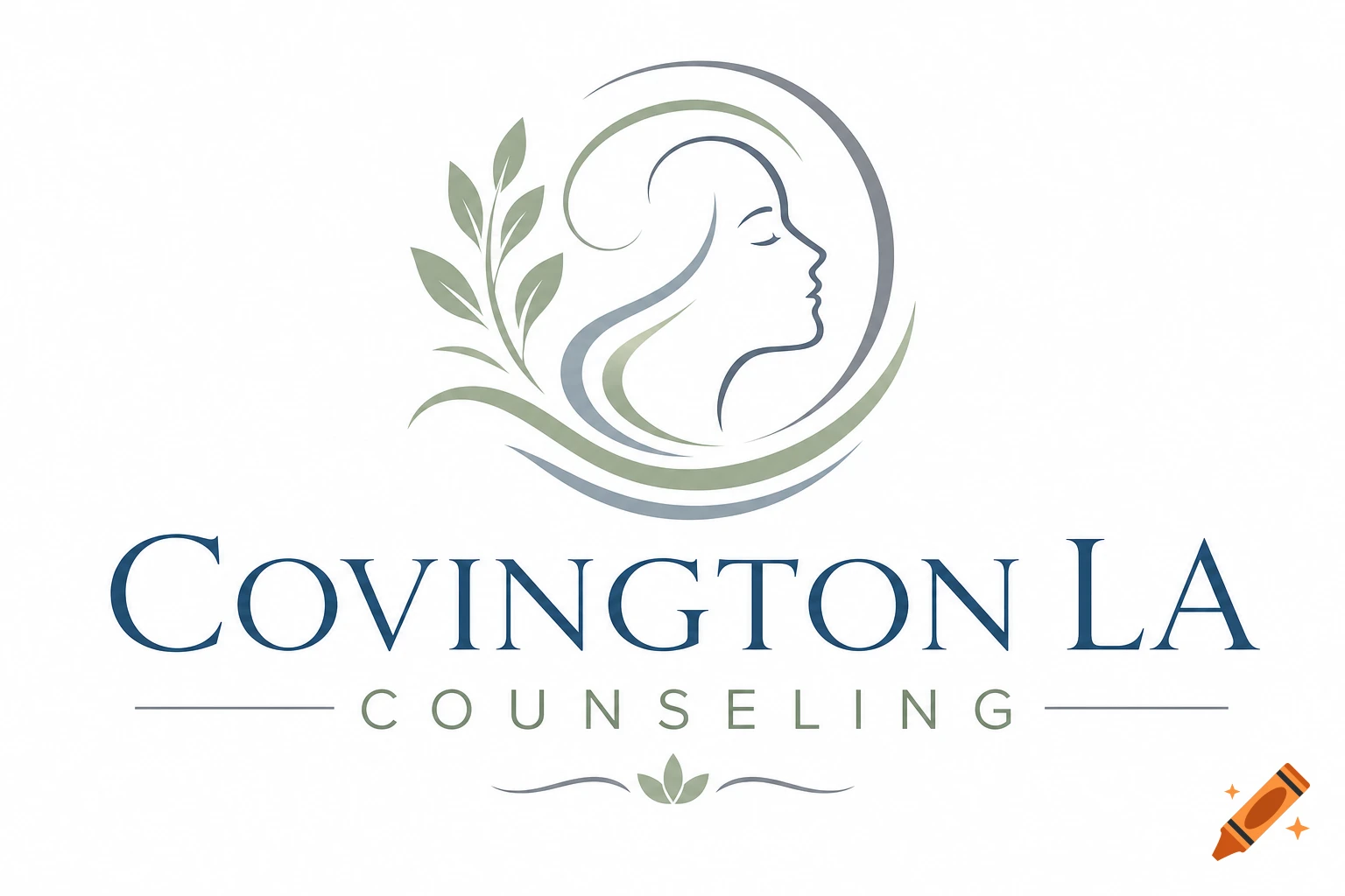 A professional logo with a stylized woman's profile, leaves, and the text 'Covington LA Counseling' in blue and green.