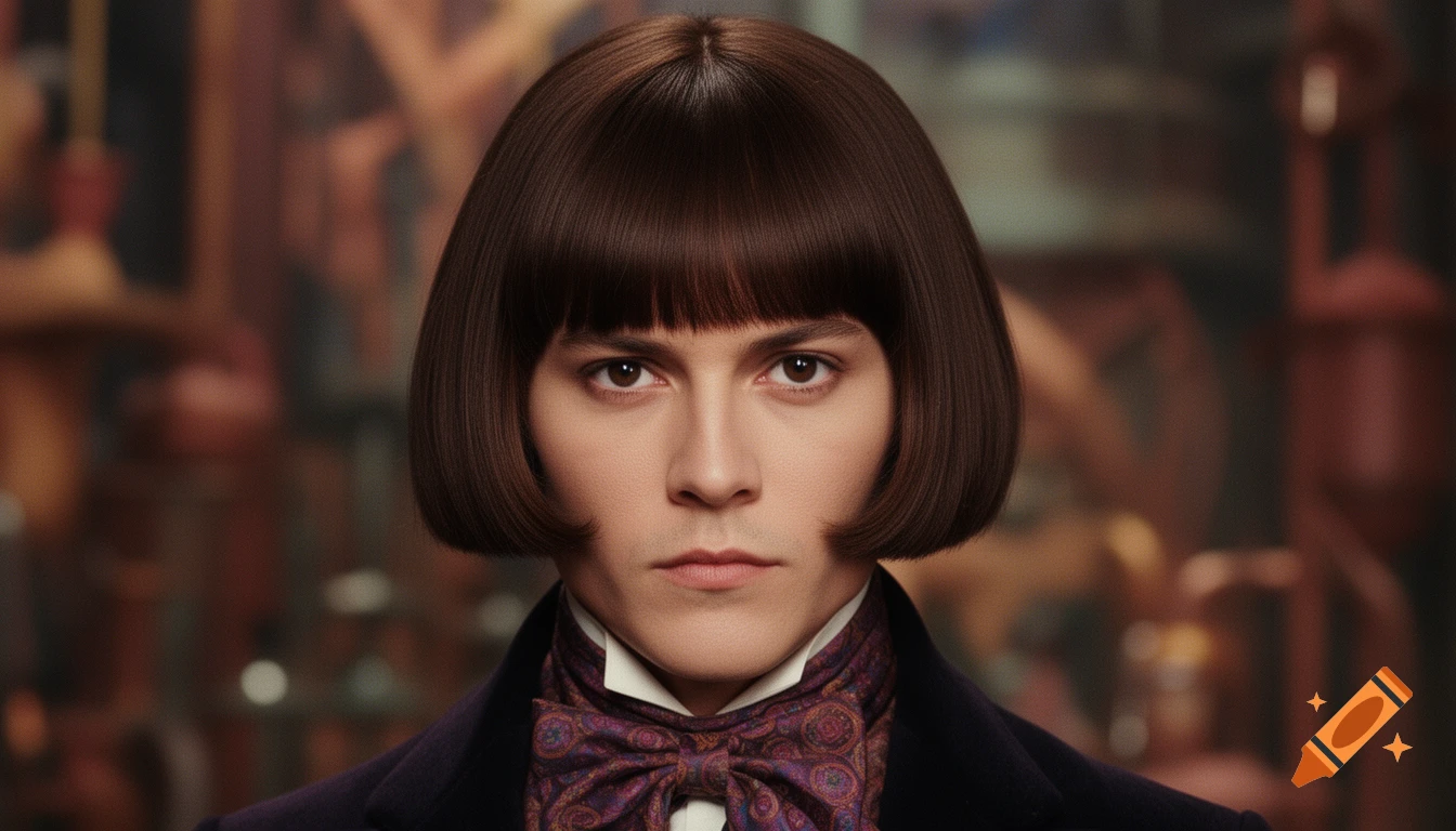 Close-up cinematic portrait of Johnny Depp as Willy Wonka, with a dark brown bob haircut, pale skin, and a purple bow tie.