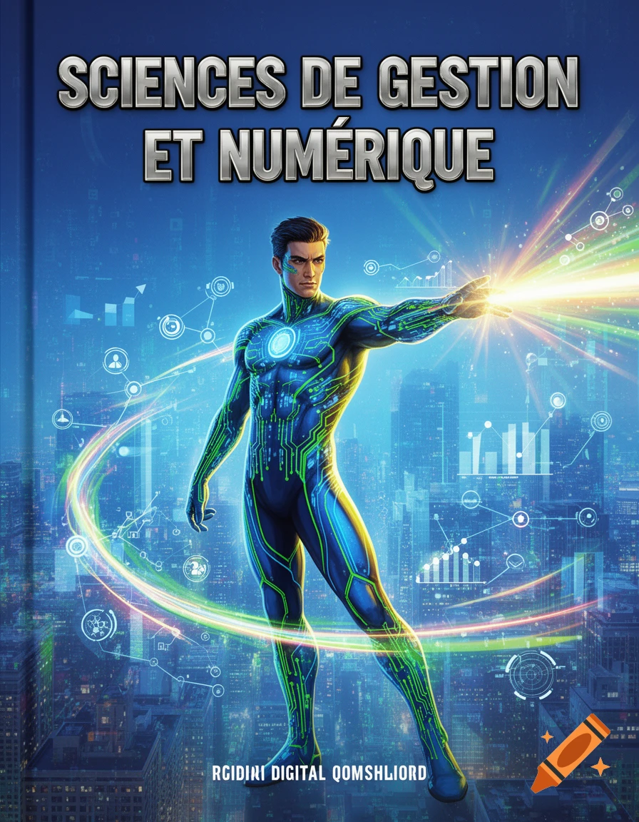A man in a blue and green circuit-patterned futuristic suit stands in a city, extending a glowing hand. Text at the top reads 'SCIENCES DE GESTION ET NUMÉRIQUE'.