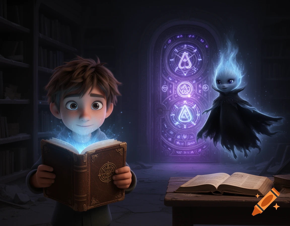 A young boy reads a glowing magic book in a dark library, watched by a floating blue spirit creature next to a glowing magical door, 3D animation style.