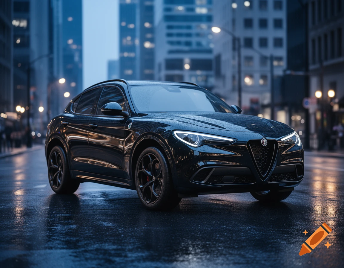 Photorealistic black Alfa Romeo-inspired SUV on a wet city street at dusk, with tall buildings in the background.