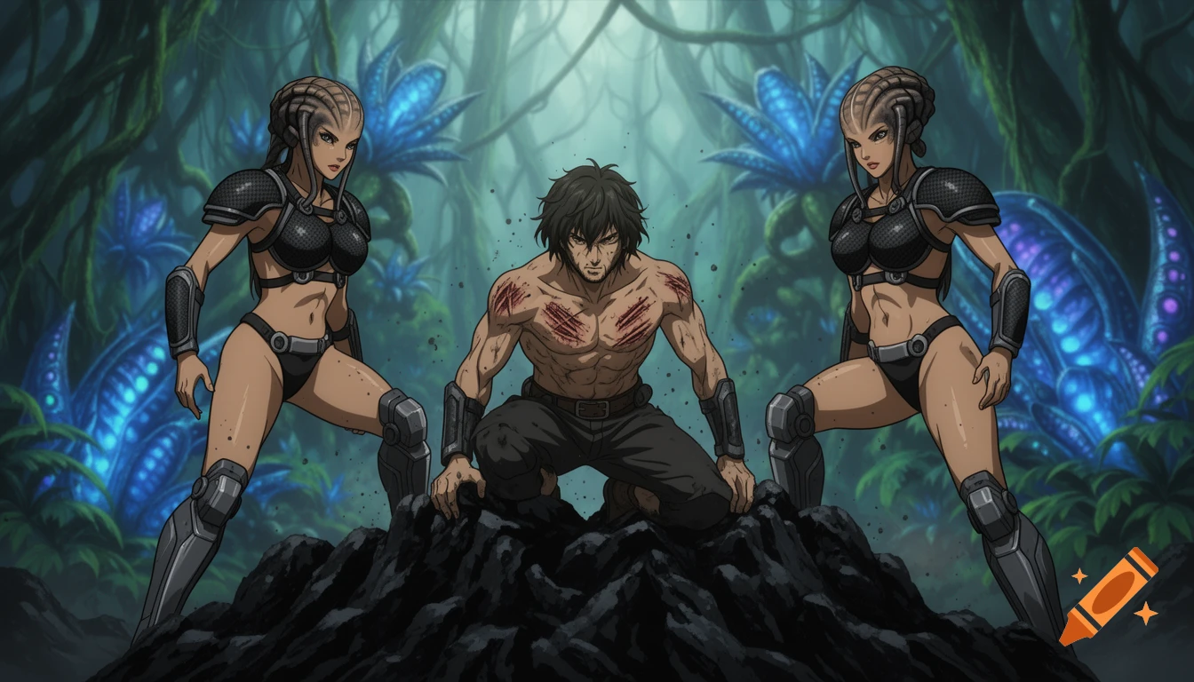 Anime scene of a scarred man kneeling on rock, flanked by two alien warrior women in a glowing biomechanical jungle.