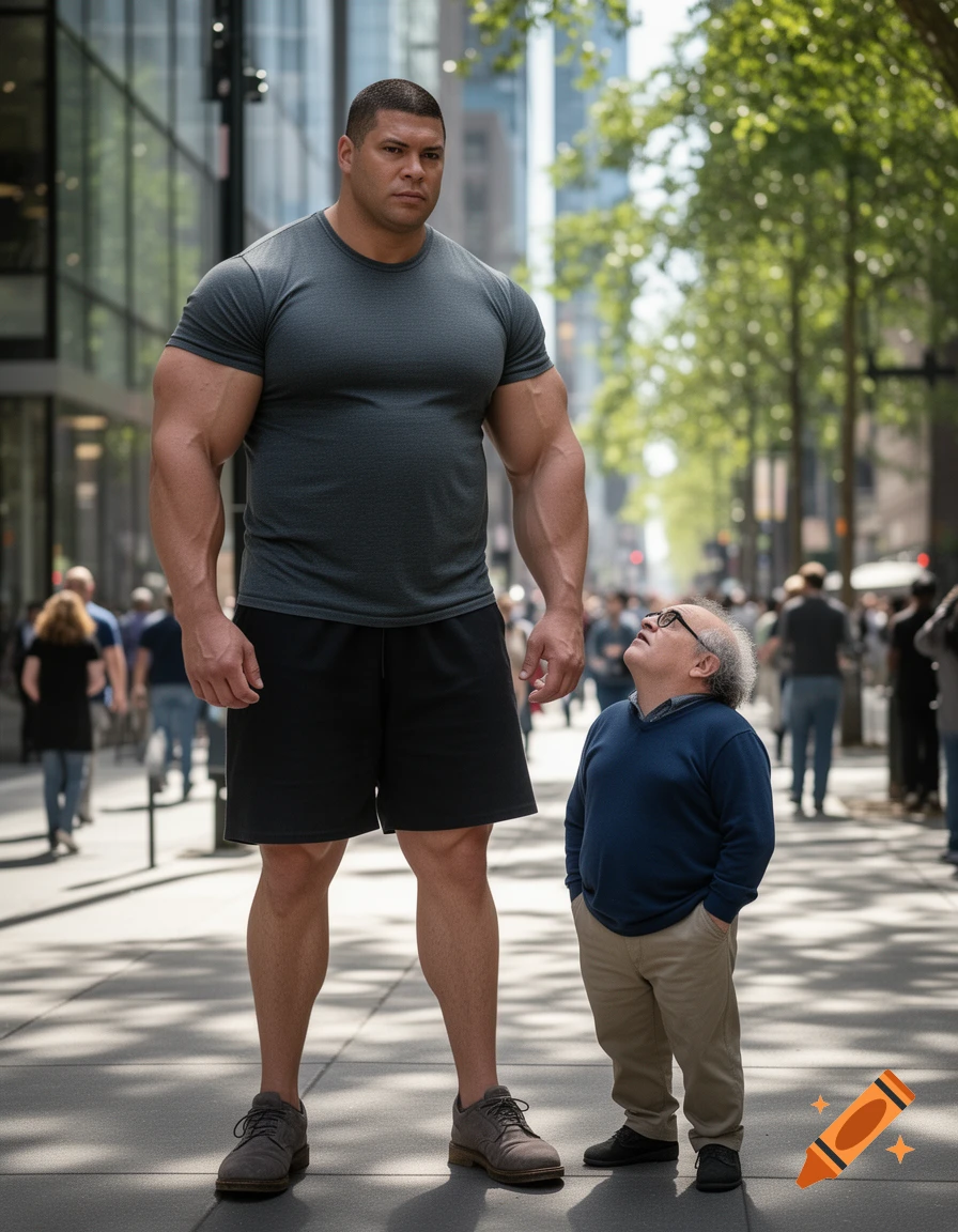 A tall, muscular man in a grey t-shirt and shorts stands next to Danny DeVito on a city street, with Danny looking up at him.