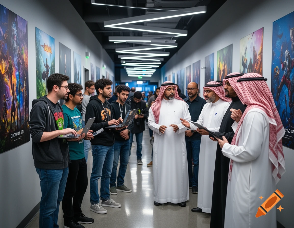 A group of men, some in traditional white thobes and ghutras, others in casual wear, gather in a modern hallway lined with colorful video game posters. Some men hold laptops.