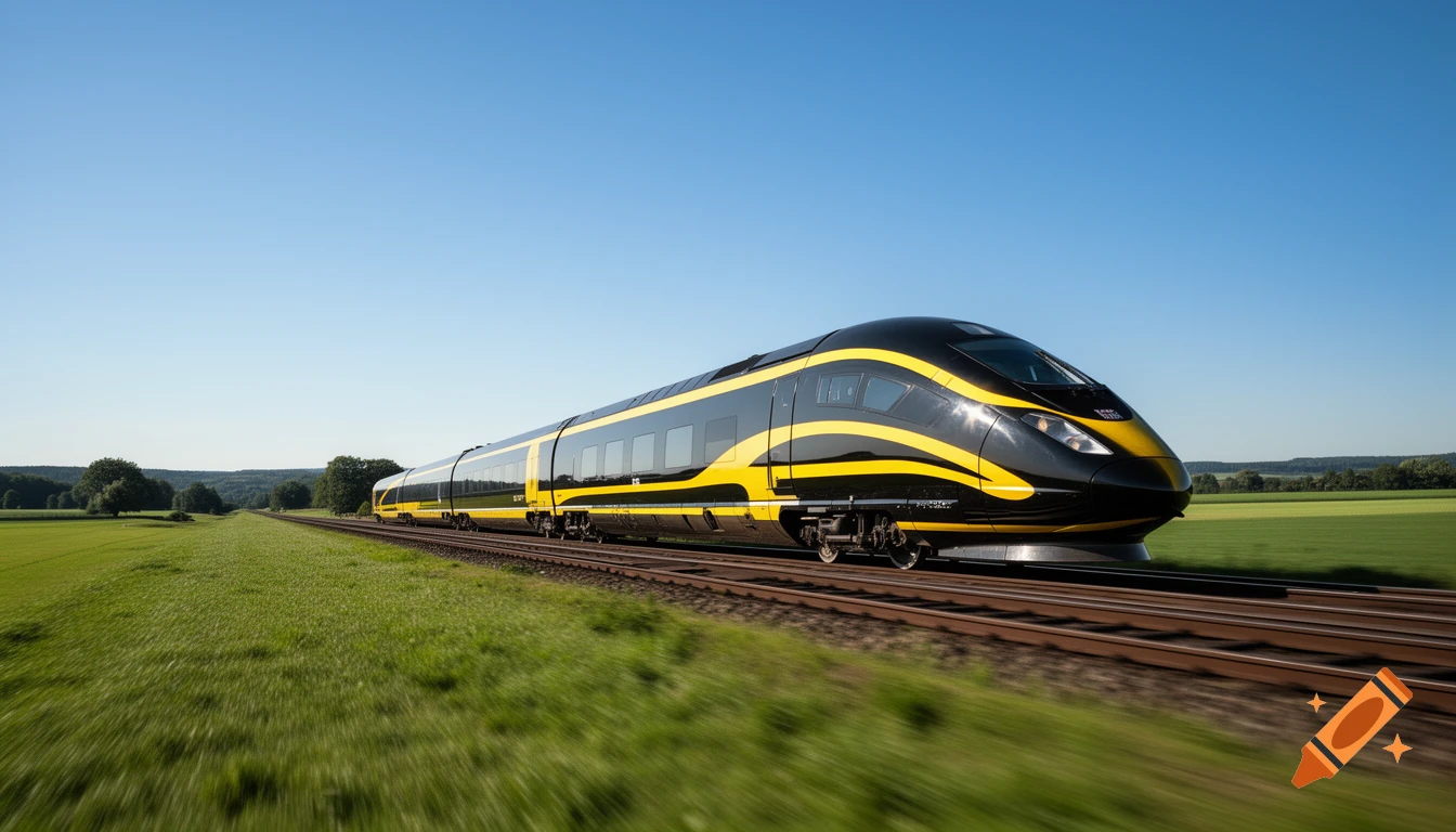 A sleek black and yellow high-speed train travels rapidly through a green rural landscape under a clear blue sky.