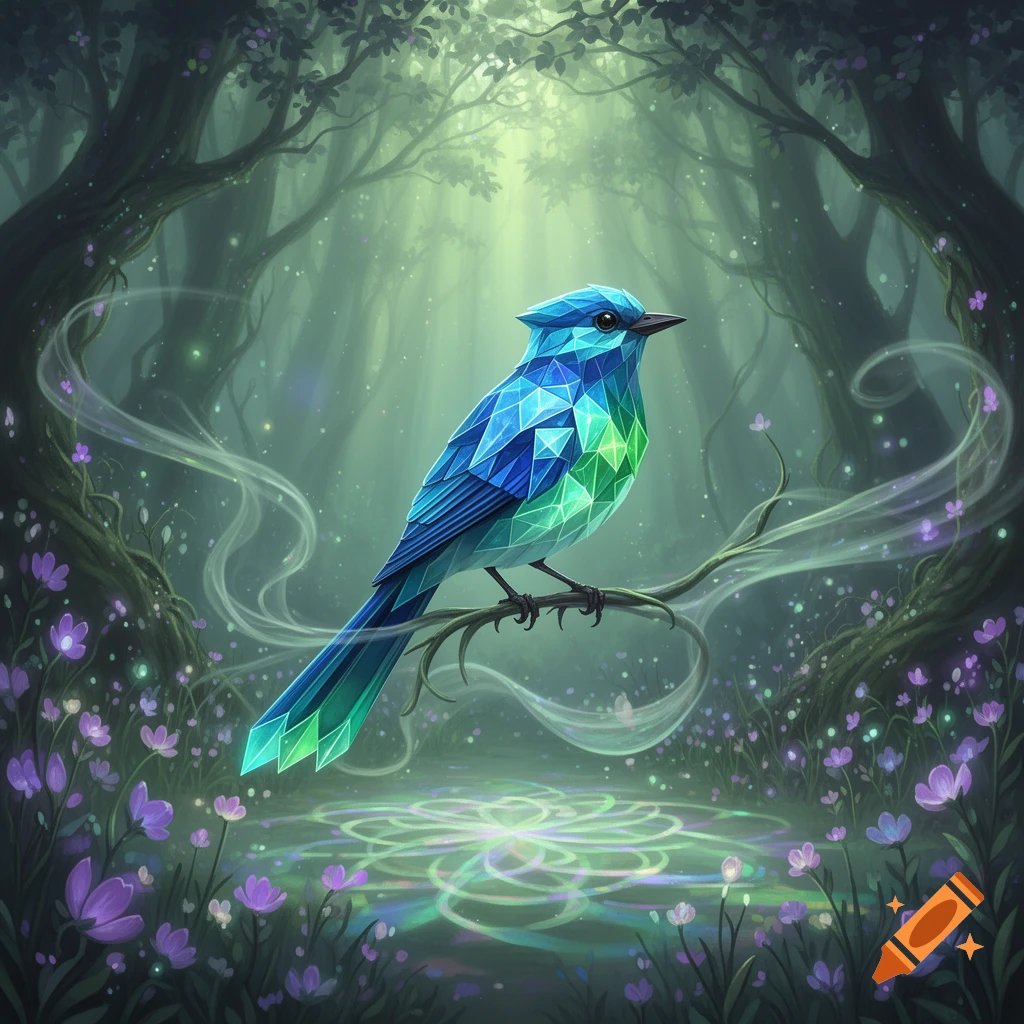 A stylized geometric blue and green bird perches on a branch in a glowing, ethereal forest filled with purple flowers.