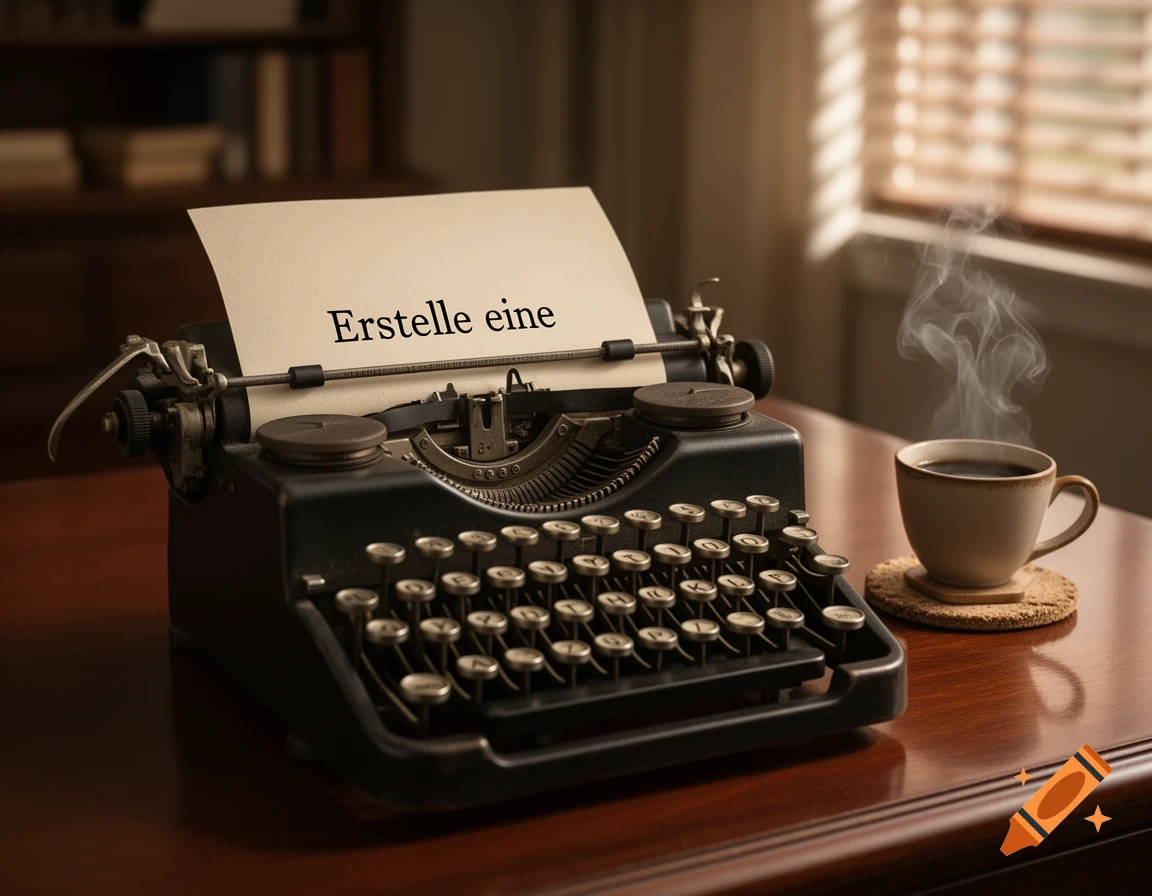 Vintage typewriter on a wooden desk with a steaming coffee cup, natural light.