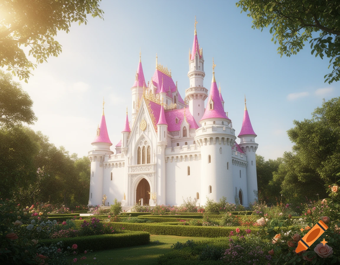 A stunning white fairytale castle with vibrant pink roofs and golden details, surrounded by a lush rose garden under a sunny sky.