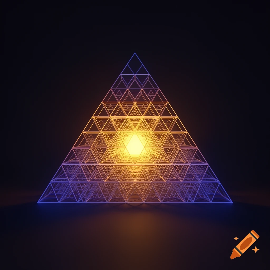 Abstract glowing wireframe pyramid in blue, purple, orange, and yellow, set against a dark background.