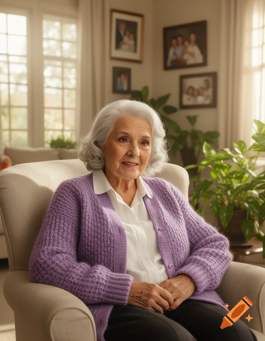 A smiling elderly woman with white hair in a lavender cardigan, sitting in a bright living room.