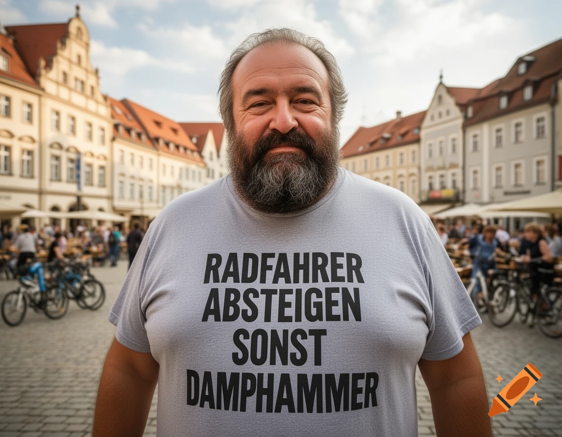 A bearded man wearing a grey t-shirt with 'RADFAHRER ABSTEIGEN SONST DAMPHAMMER' in a busy European town square.