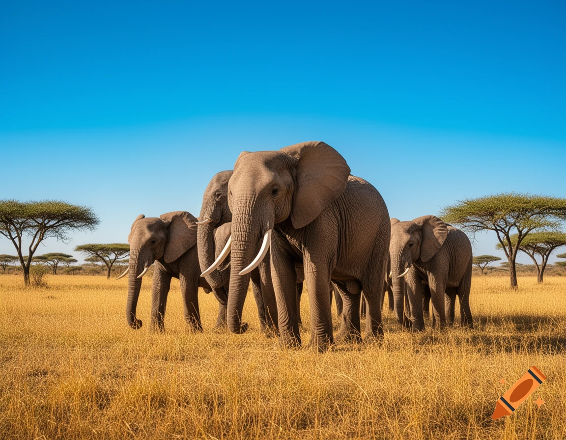 A herd of elephants walks through a golden grassy savanna under a clear blue sky with acacia trees in the distance.
