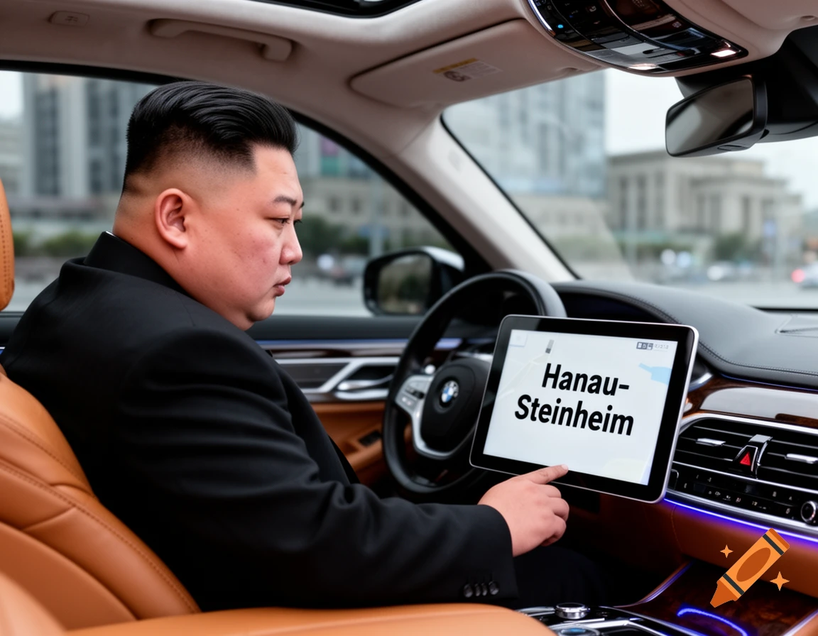 A man resembling Kim Jong Un sits in a luxury car, looking at a navigation screen displaying 'Hanau-Steinheim'.