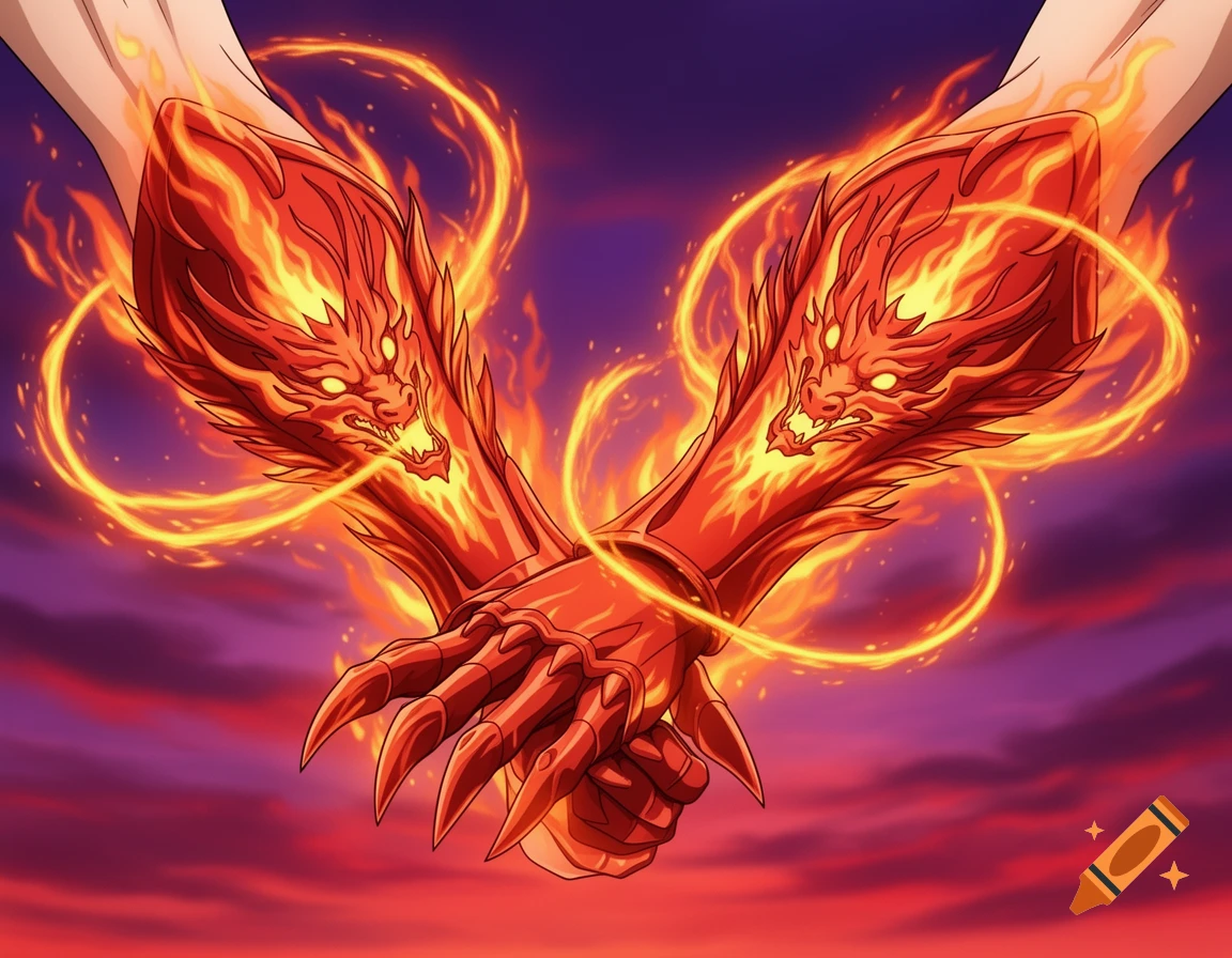 Anime-style fiery red dragon gauntlets on two hands against a purple and red sunset sky.