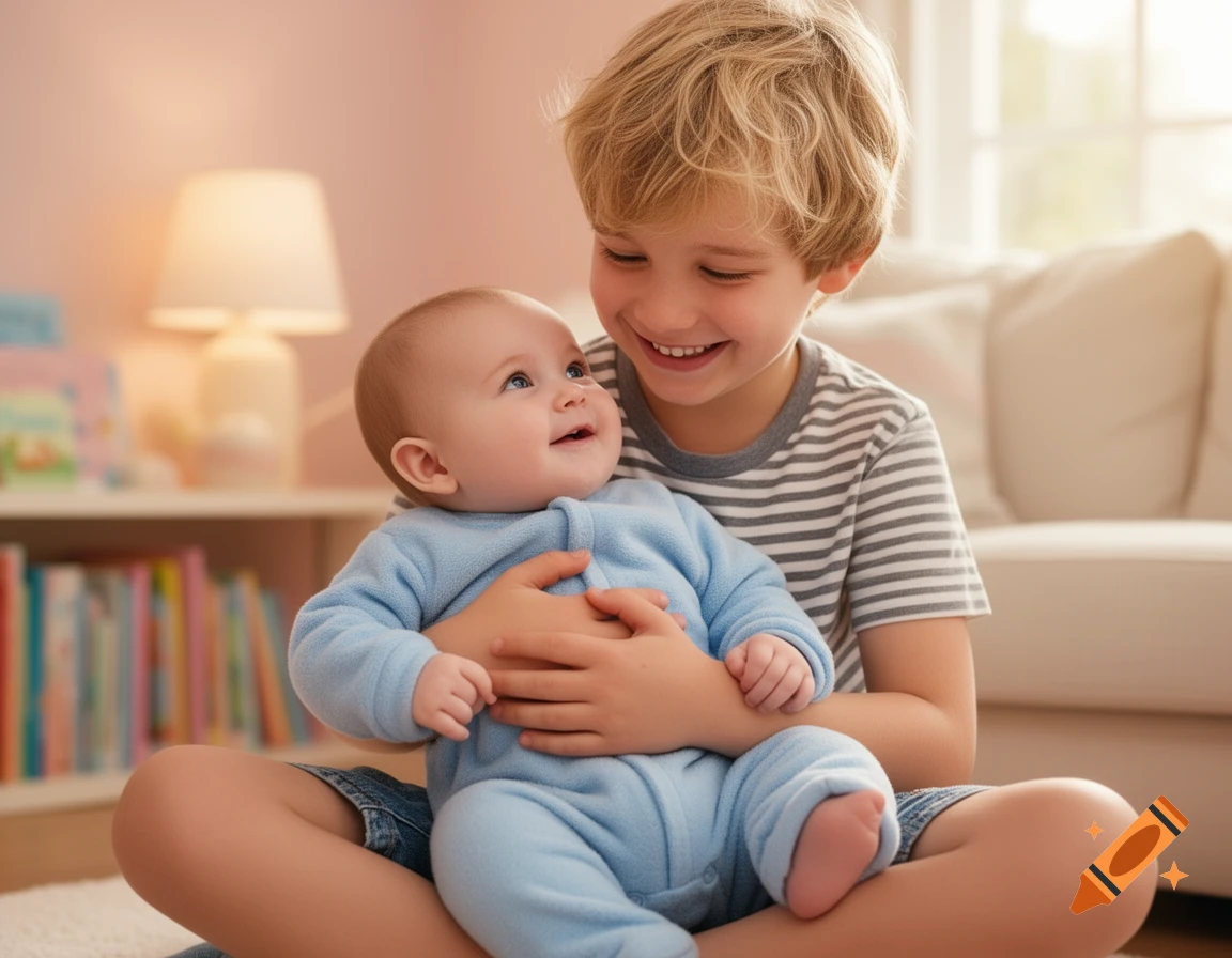 A smiling boy holds a happy baby in a sunlit room. Photorealistic.