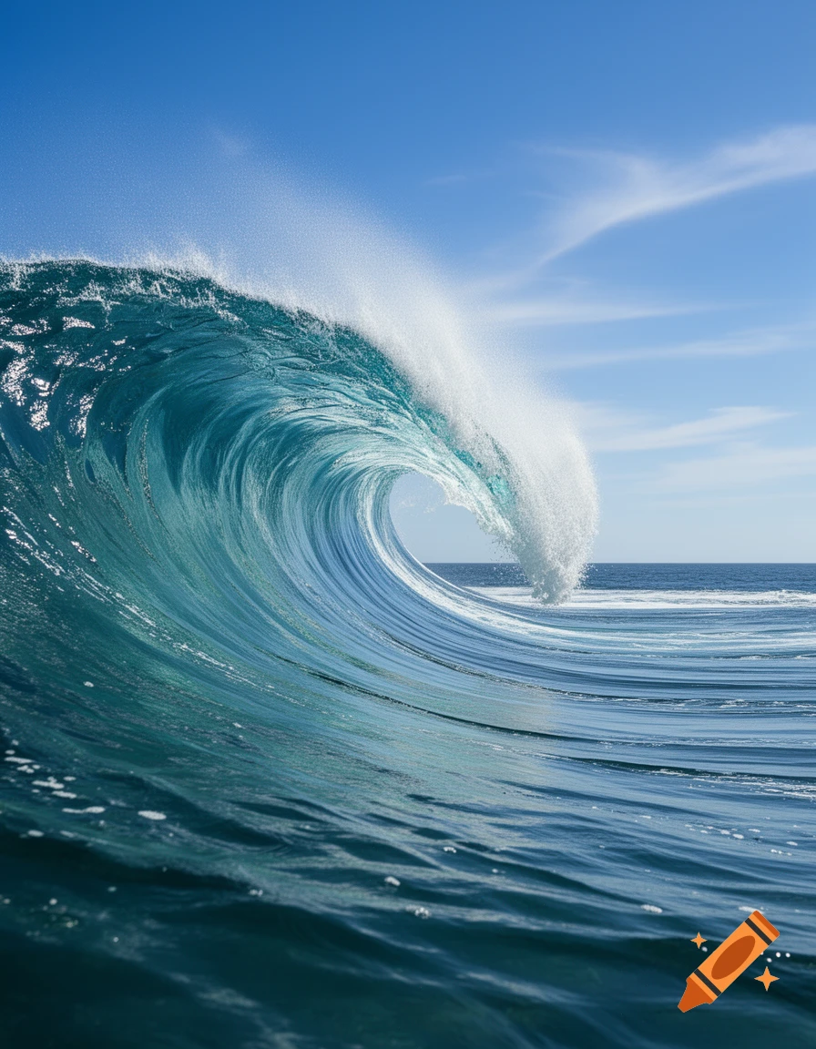 A large, curling ocean wave with white foam under a clear blue sky. Photorealistic.
