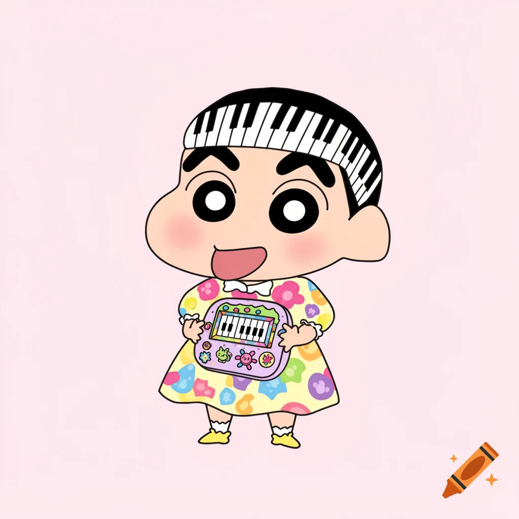A Shin Chan-style cartoon character with piano keys on its head and holding a toy piano, wearing a colorful floral dress on a pink background.
