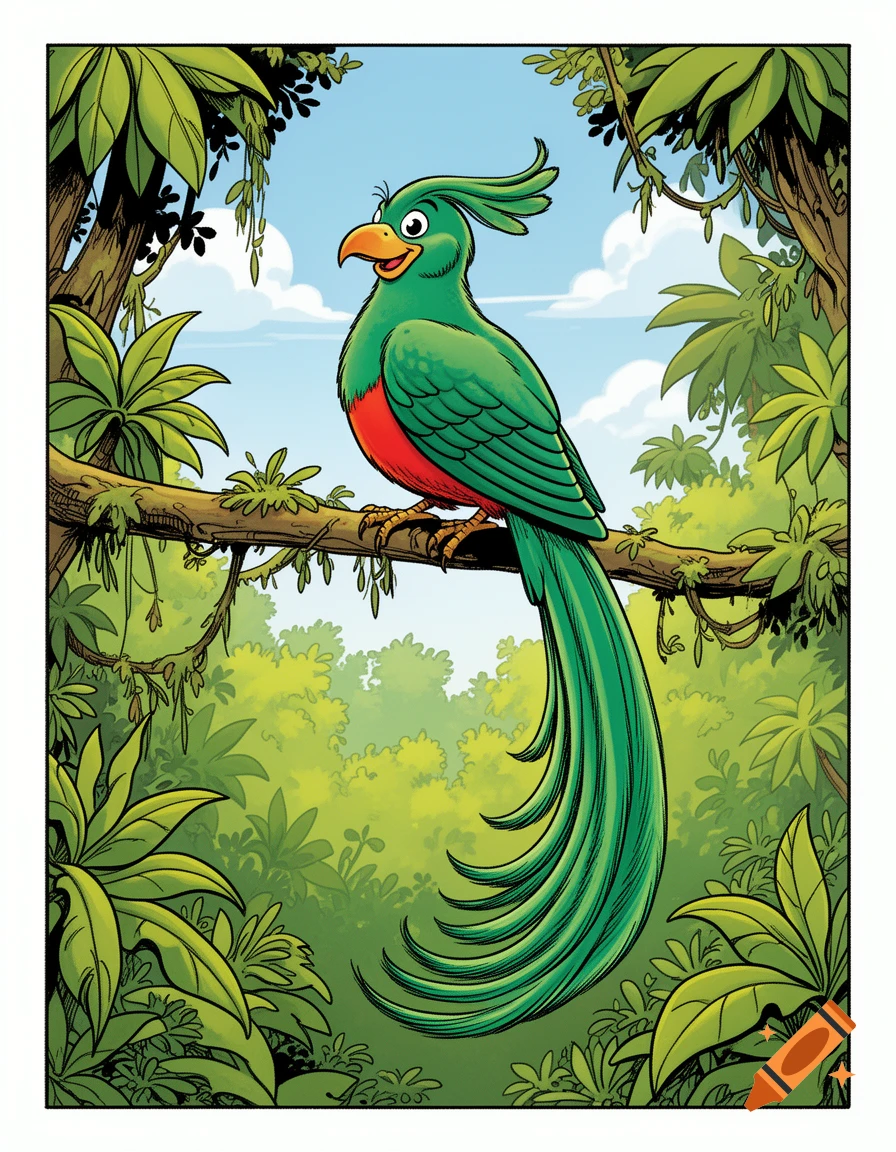 Cartoon quetzal bird with green and red plumage, yellow beak, perched on a branch in a lush jungle environment.