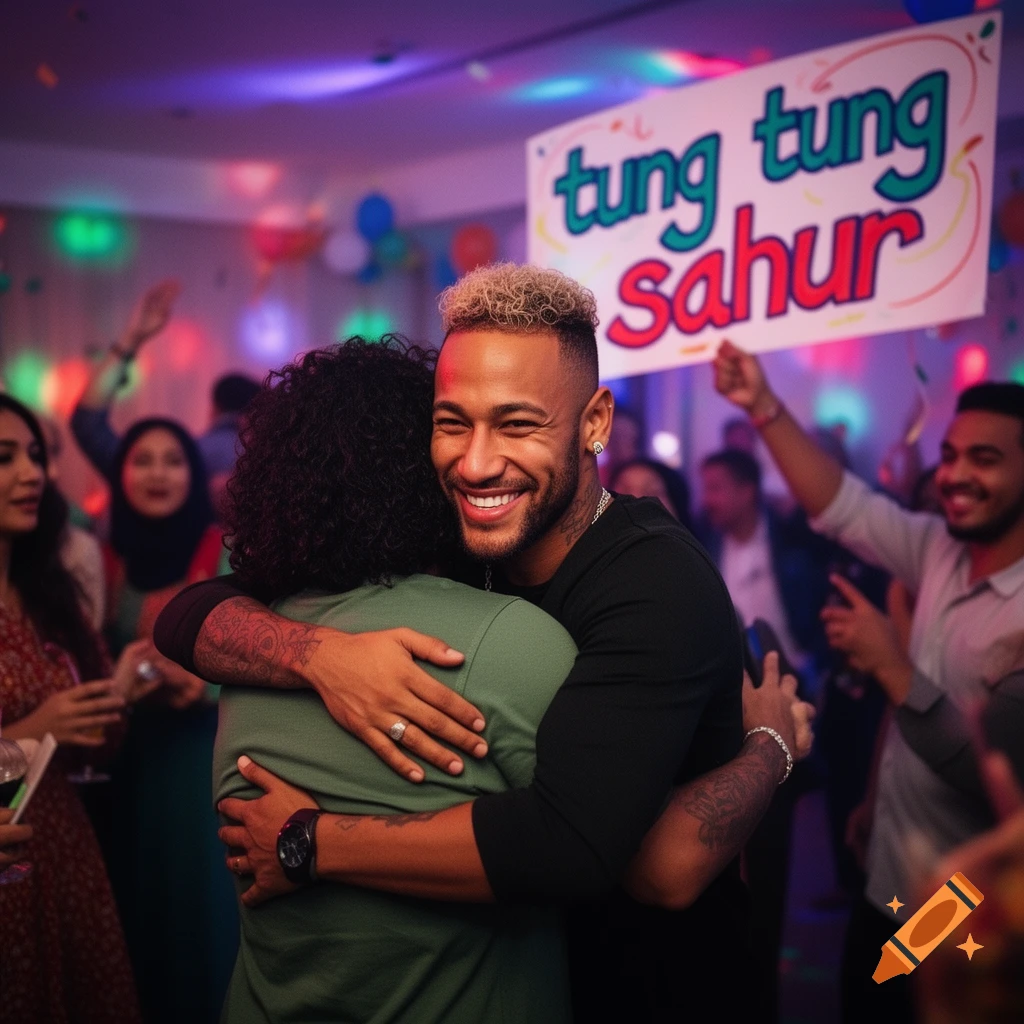 Neymar smiles while hugging another person at a vibrant party with colorful lights and a sign in the background.