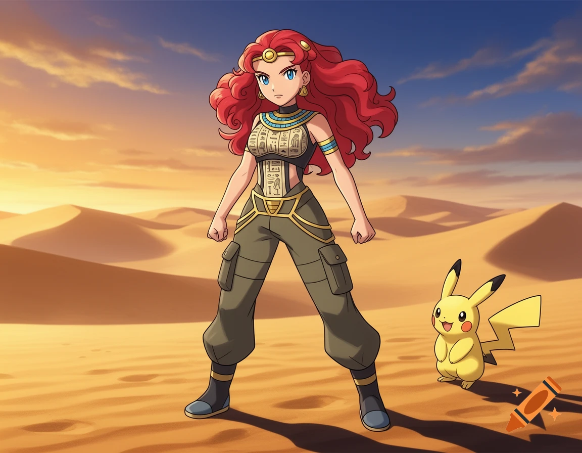 An anime-style Pokemon trainer with red hair and an Egyptian-themed outfit stands in a desert with a Pikachu.