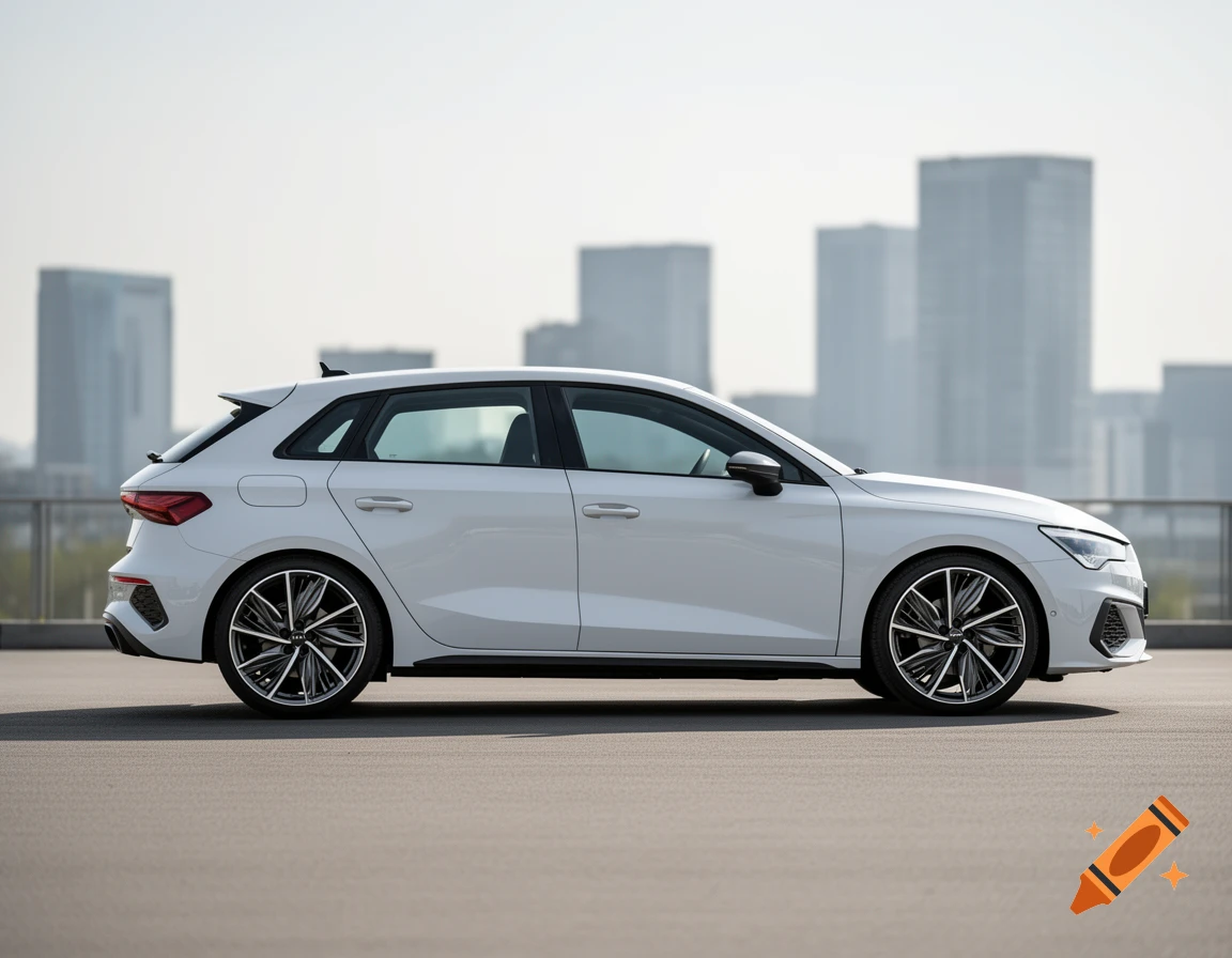 A white Audi A3 Sportback car is parked outdoors, viewed from the side with a blurred city skyline.