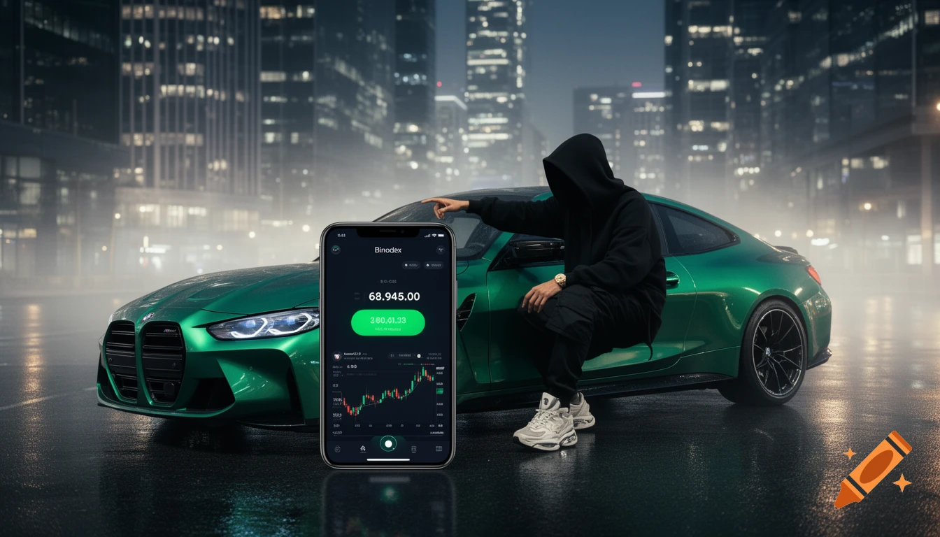 A hooded figure next to a green BMW M4 at night, pointing at a smartphone displaying a 'Binodex' trading app, on a wet city street.