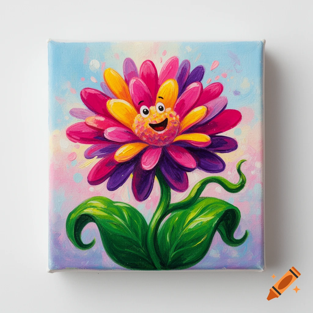 A vibrant, cartoonish acrylic painting of a smiling flower with pink, purple, and yellow petals and green leaves, on a canvas.