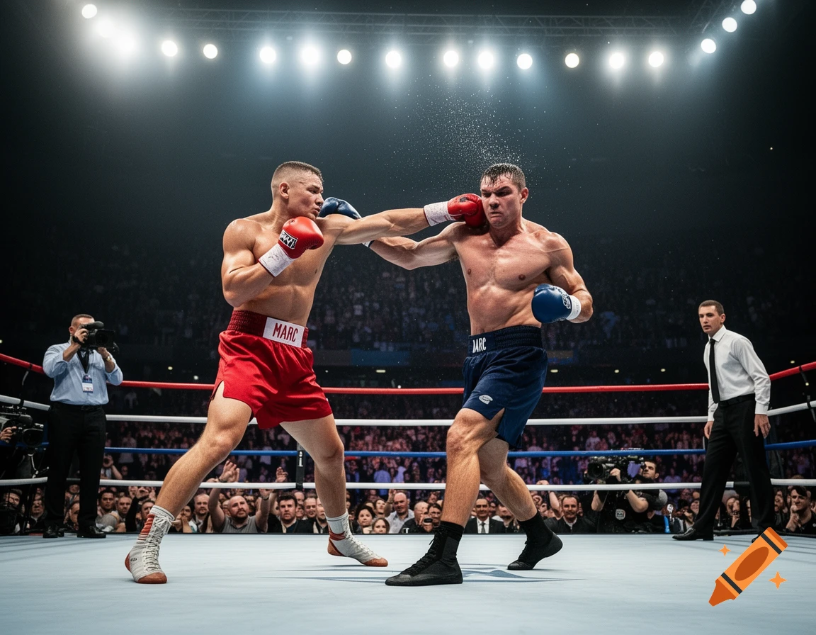 Two muscular boxers, one in red shorts labeled 'MARC' and the other in blue shorts labeled 'JARC', exchange punches in a brightly lit boxing ring filled with a cheering crowd.
