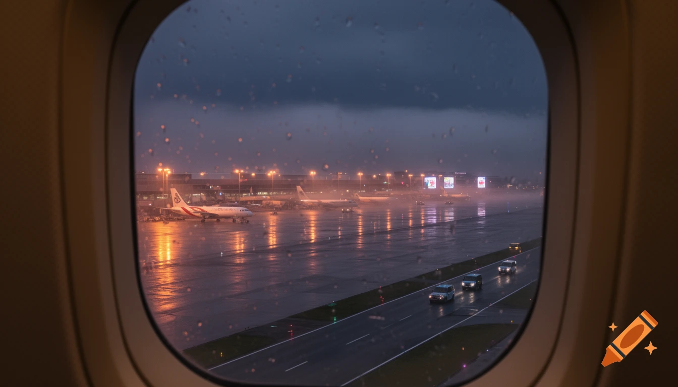 View from an airplane window looking out onto a wet airport tarmac at dusk, with parked planes and cars, illuminated by bright lights.