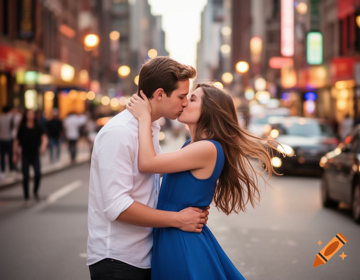 A young couple kisses passionately on a bustling city street at dusk, with blurred lights in the background. Photorealistic.