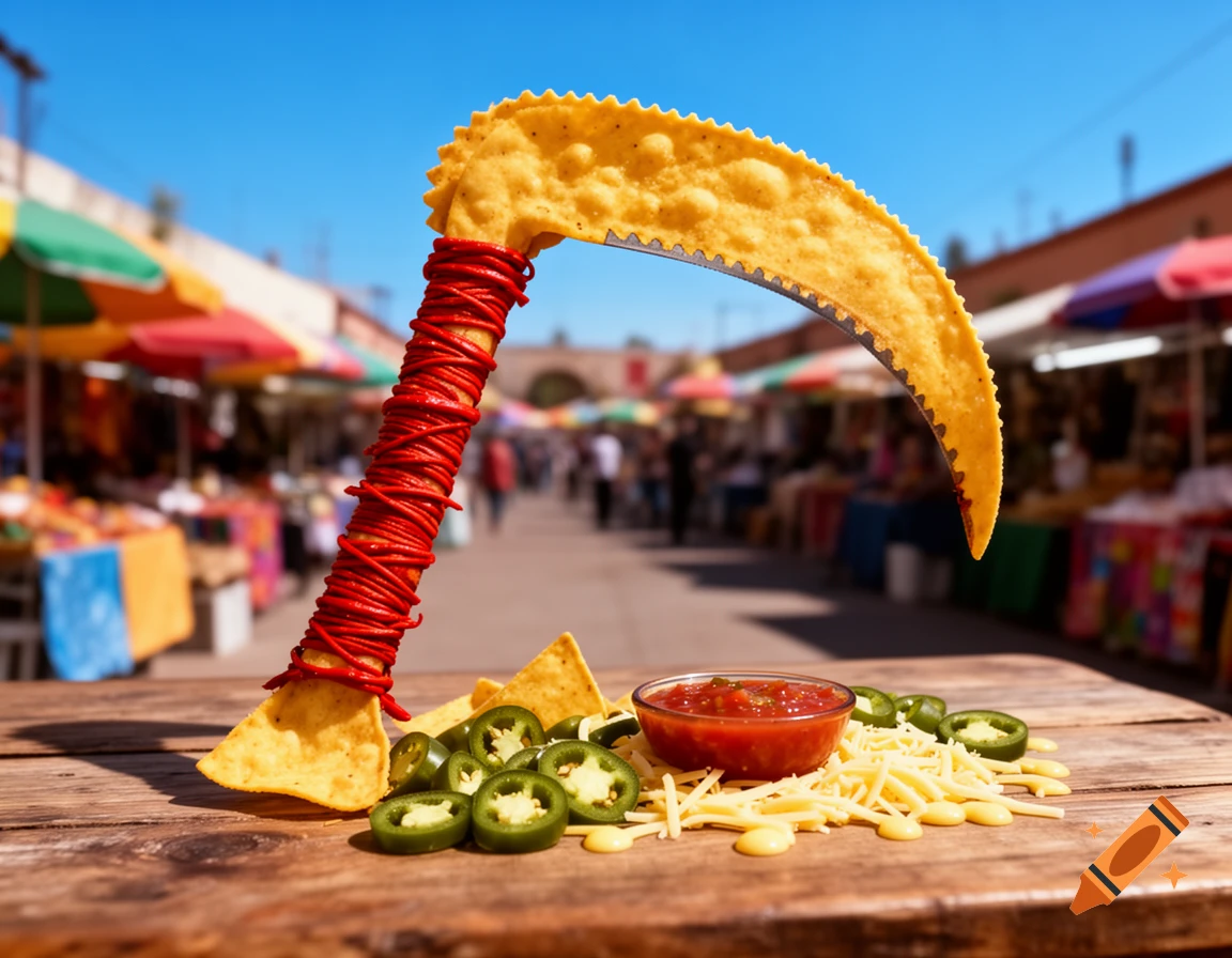 A nacho chip scythe with a red string handle stands on a wooden table next to salsa, jalape tildeos, and shredded cheese in a sunny market.