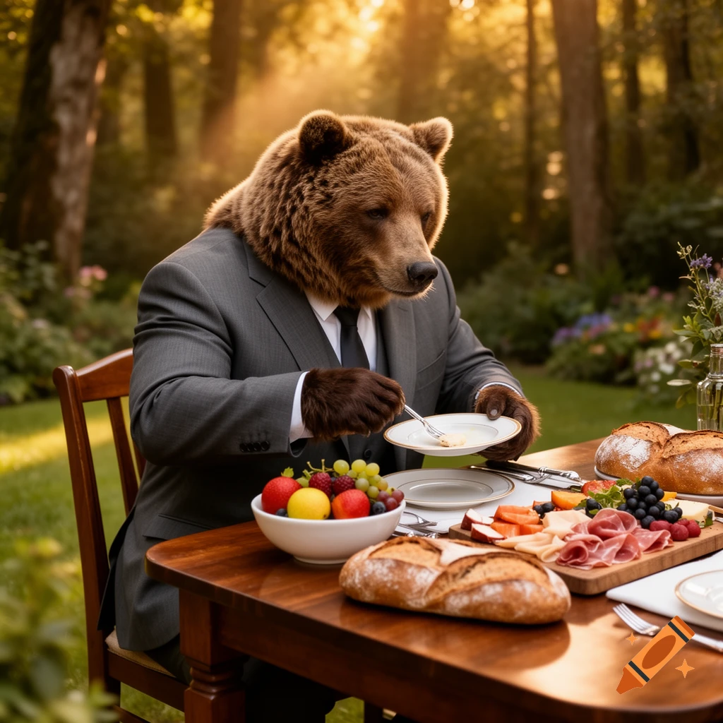 Photorealistic brown bear in a grey suit dines outdoors at a wooden table filled with food, fruit, and bread, bathed in warm sunlight.