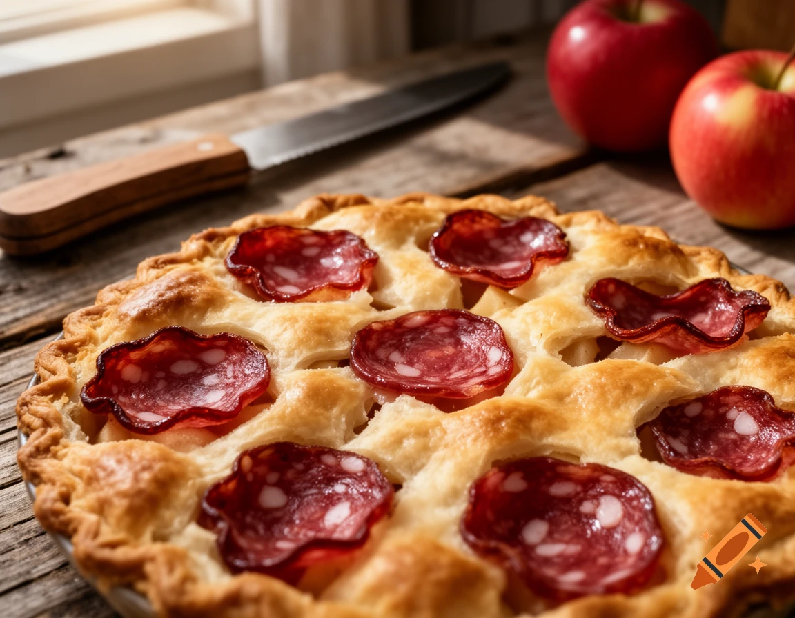 Photorealistic close-up of an apple pie topped with salami slices on a rustic wooden table with a knife and apples.