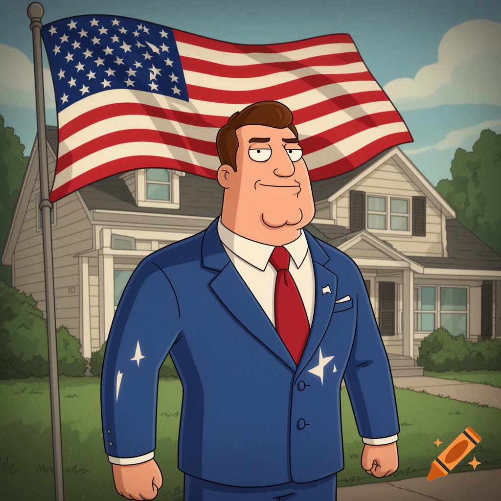 Cartoon man resembling Stan from American Dad in a blue suit and red tie, standing in front of an American flag and a suburban house.