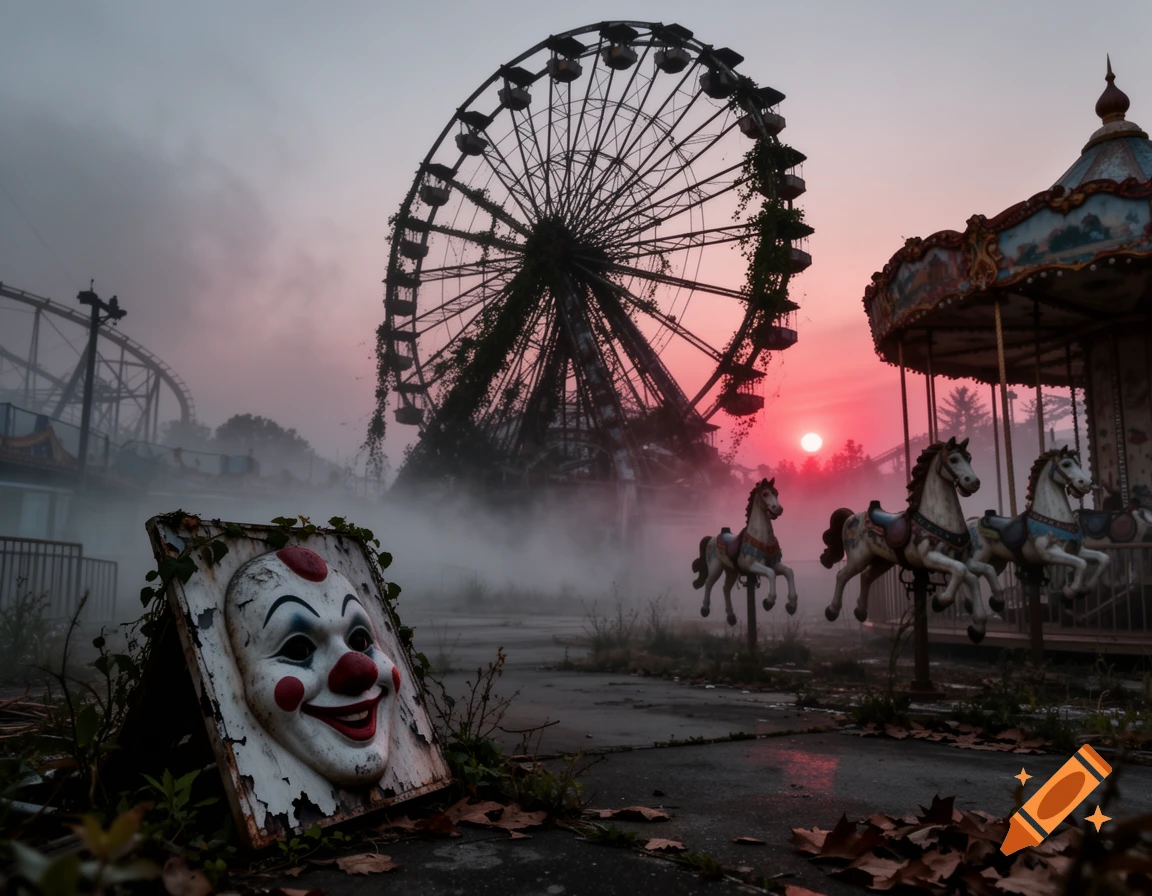 An abandoned amusement park at sunset with a creepy clown mask in the foreground, a large Ferris wheel, and carousel horses partially obscured by mist.