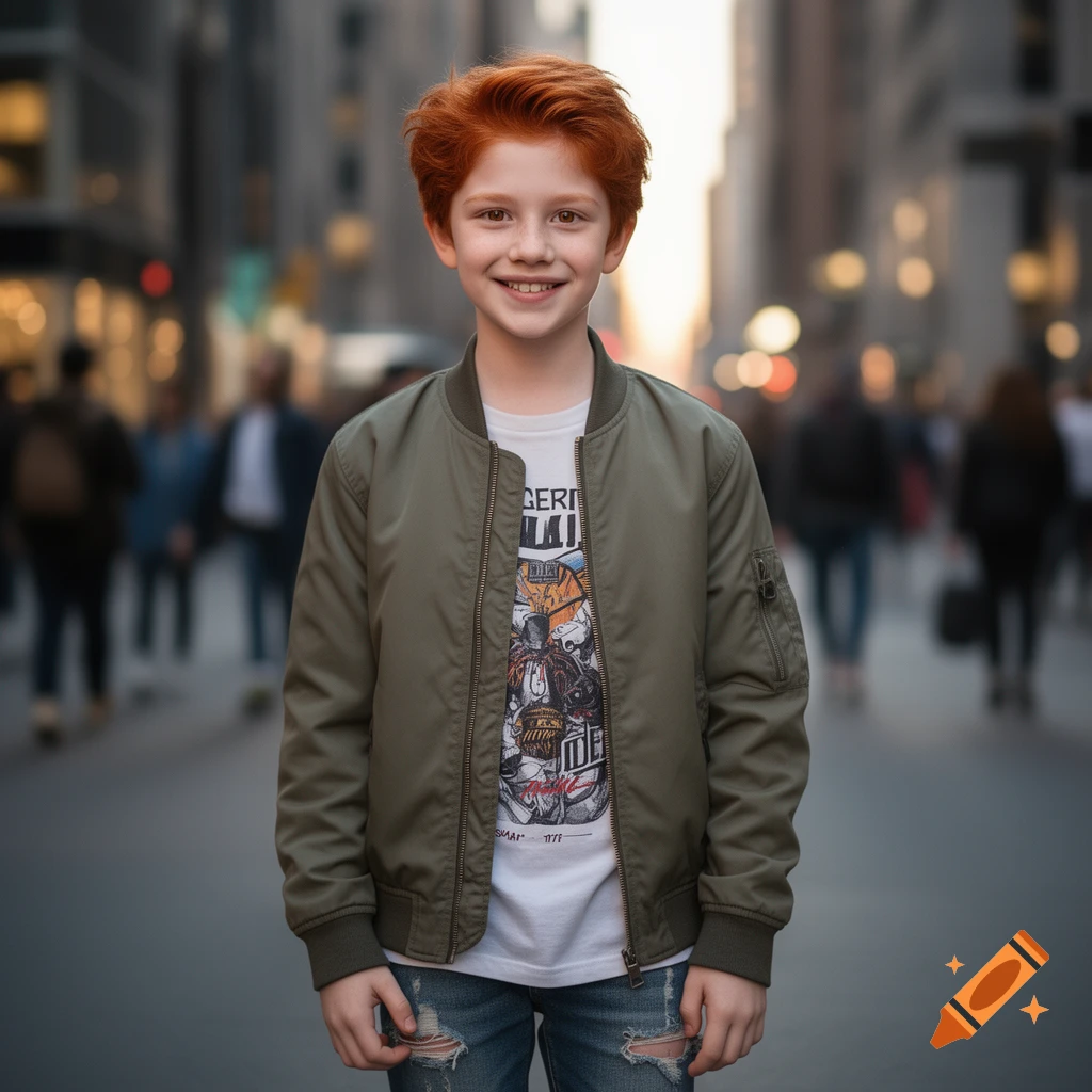A smiling ginger-haired boy in an olive bomber jacket and ripped jeans stands on a blurred city street.