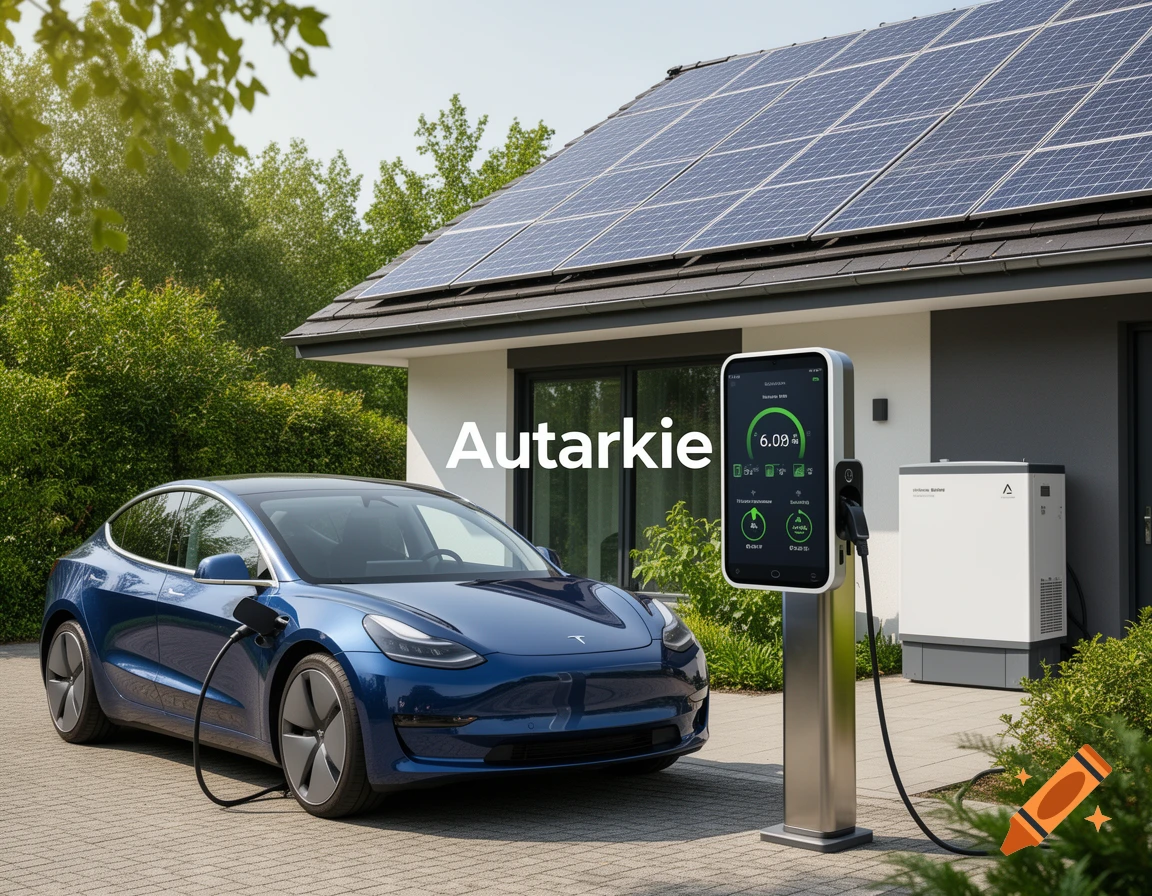 A blue electric car charges at a modern home with solar panels on the roof and an energy storage unit nearby.