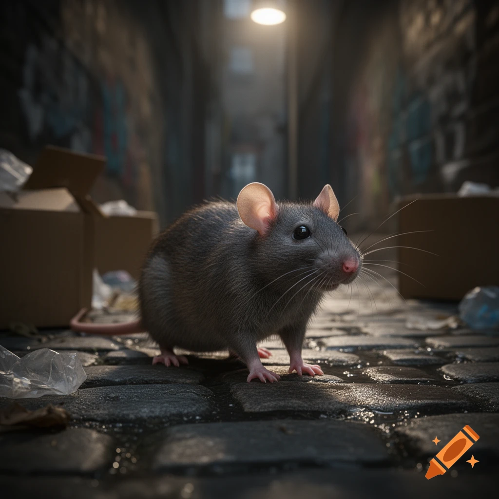 A photorealistic close-up of a grey rat on a wet cobblestone street in a dark, trash-strewn alley under a streetlamp.