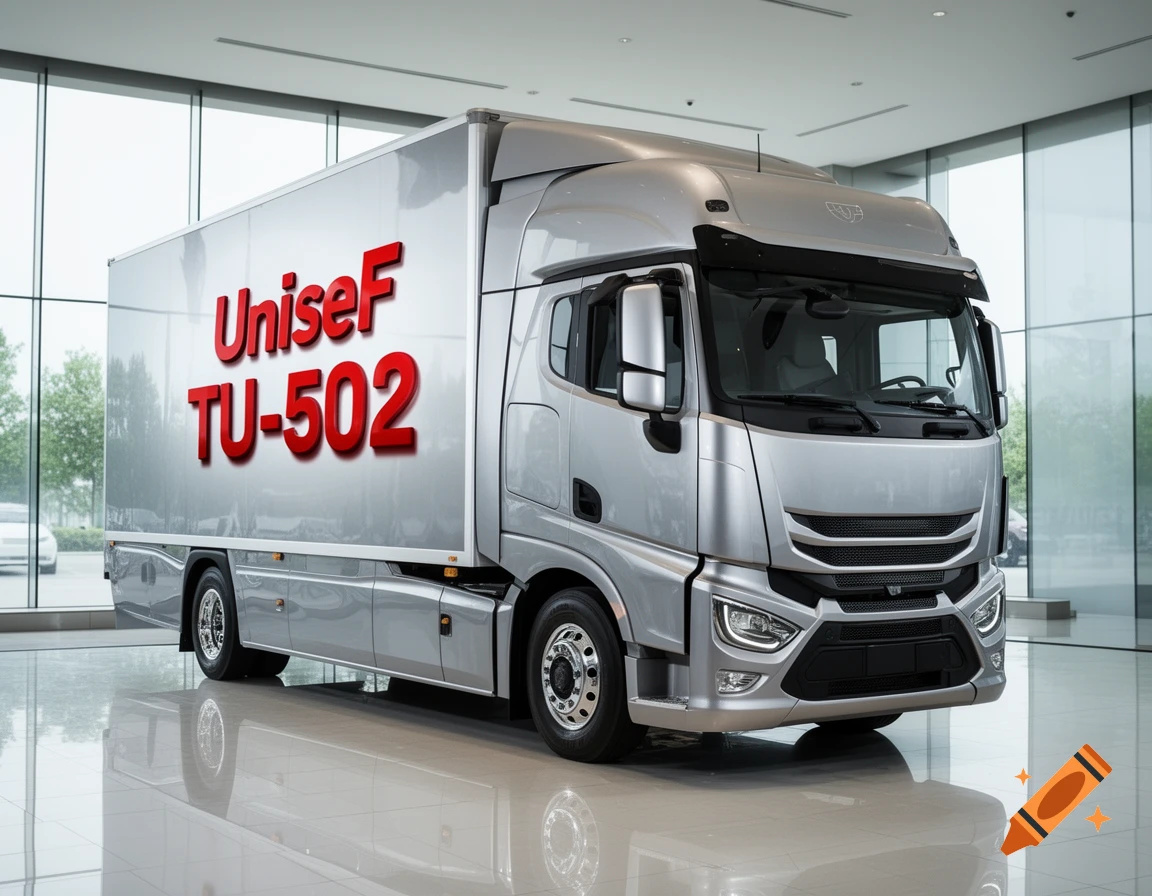 A silver box truck with "UniseF TU-502" in red text on its side, parked in a modern showroom with large windows.