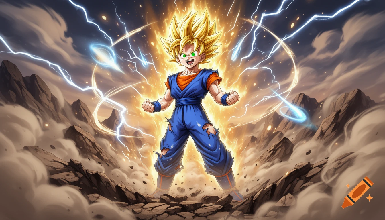 Anime illustration of Goten as a Hyper Saiyajin, powered up with golden hair and aura, in a destroyed rocky landscape.