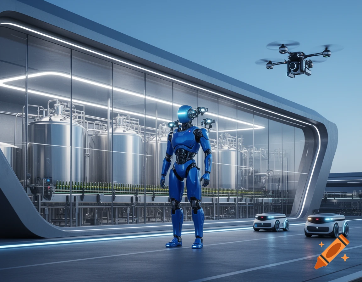 A blue robot stands outside a modern brewery with a drone and autonomous vehicles, showcasing futuristic security.