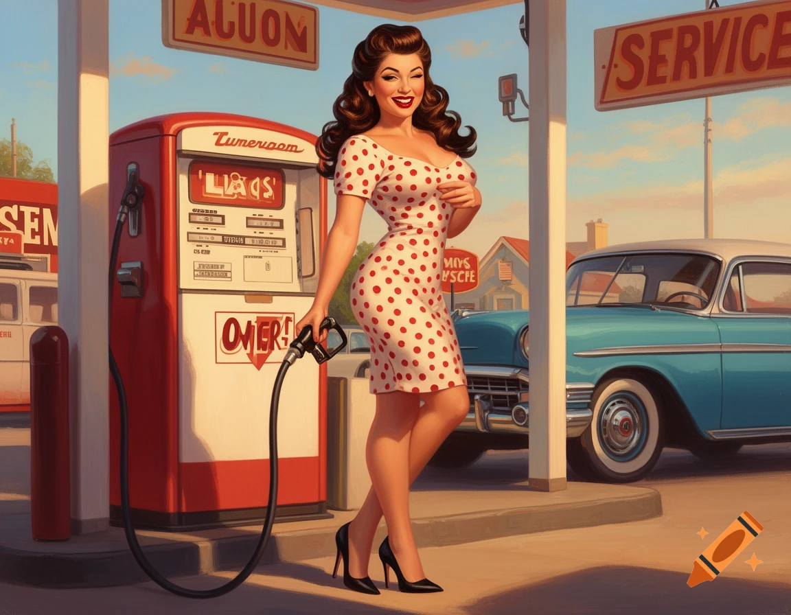 A smiling brunette pin-up woman in a white and red polka dot dress winks while holding a gas pump nozzle at a 1950s style gas station with a vintage car.