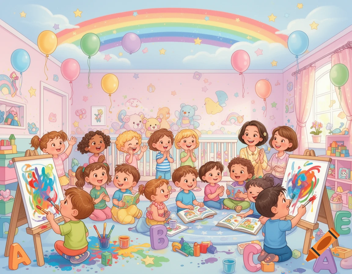 A colorful children's book illustration shows happy preschool children painting, reading, and playing in a bright nursery classroom with balloons, rainbows, and ABC letters.