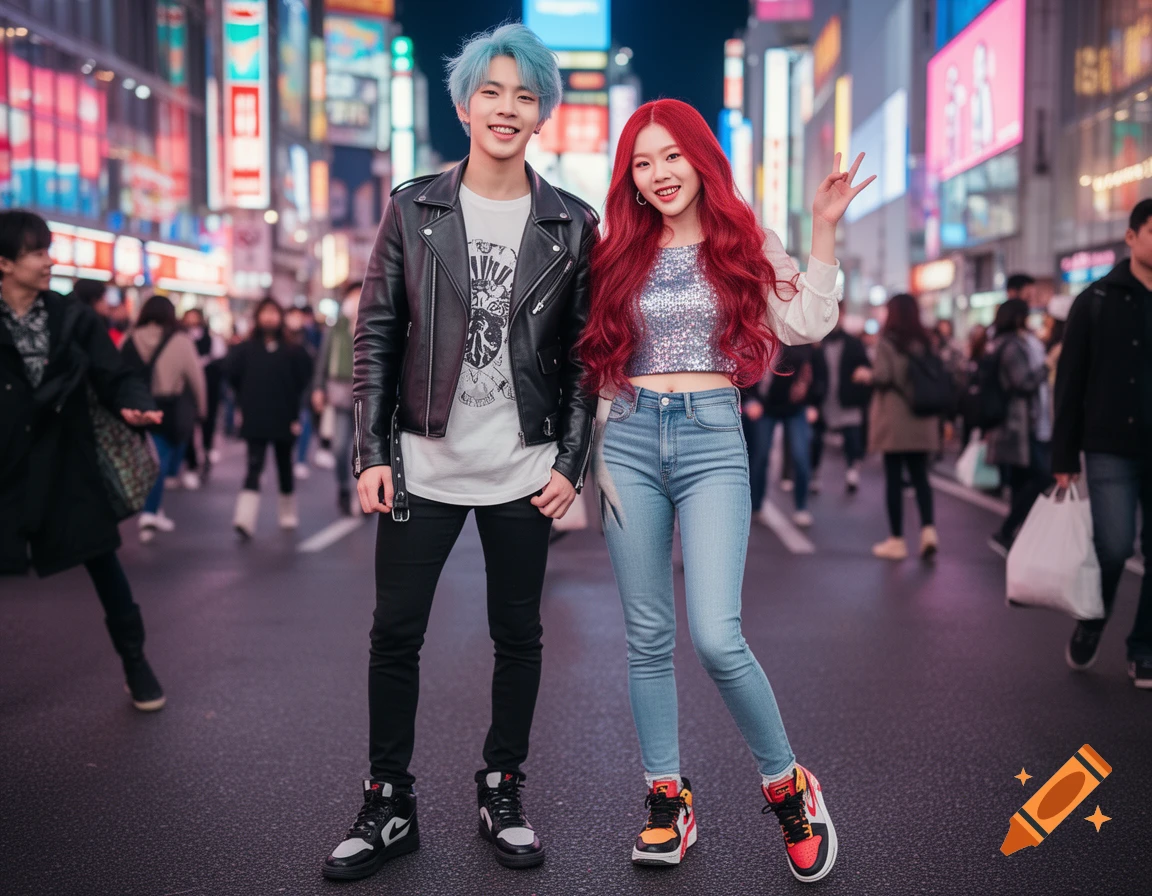 A K-pop duo, a smiling man with blue hair and a woman with red hair, pose on a vibrant city street at night with neon signs in the background.