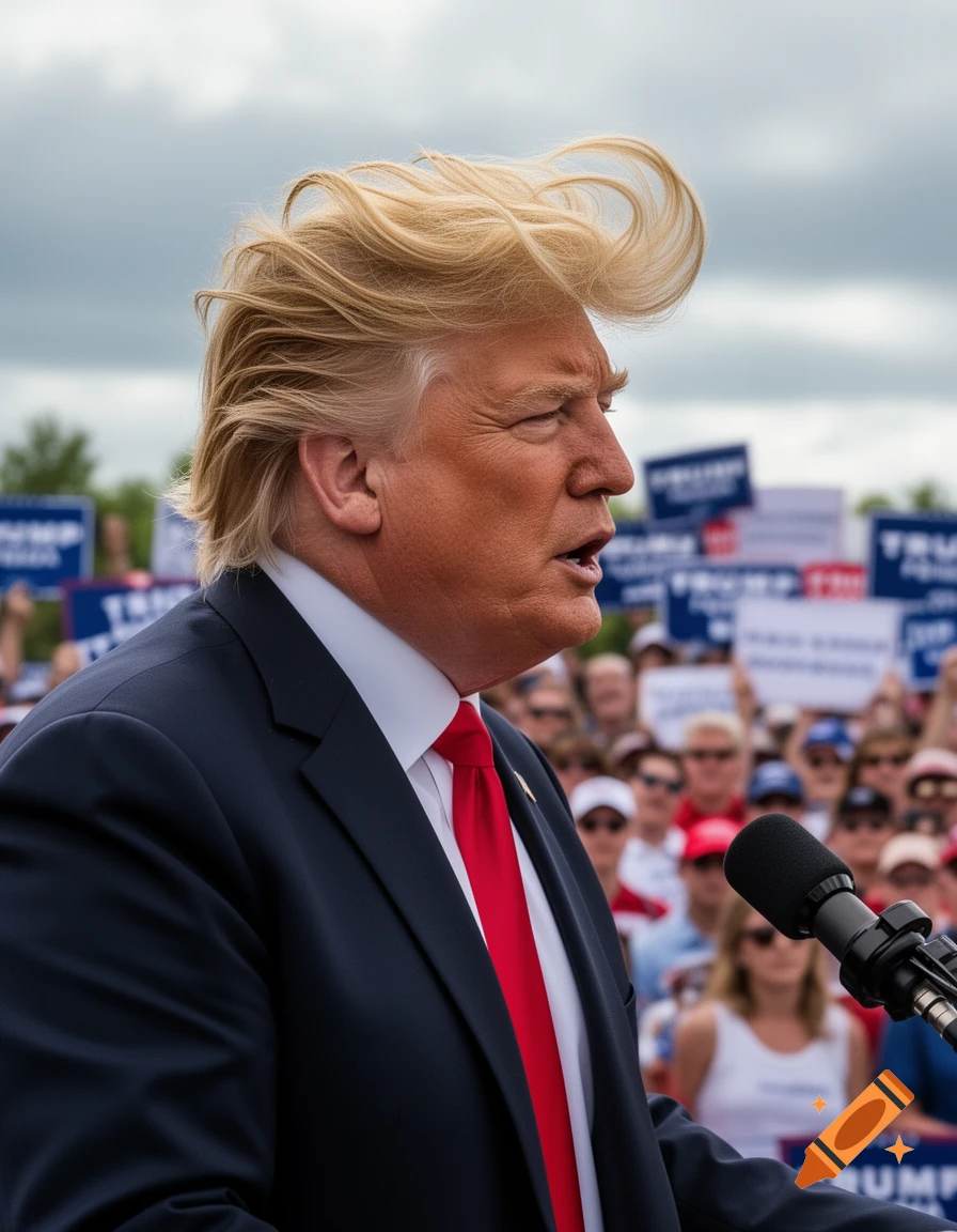 Donald Trump speaks outdoors, his elaborate blonde hair blowing in the wind, with a crowd and signs in the background.
